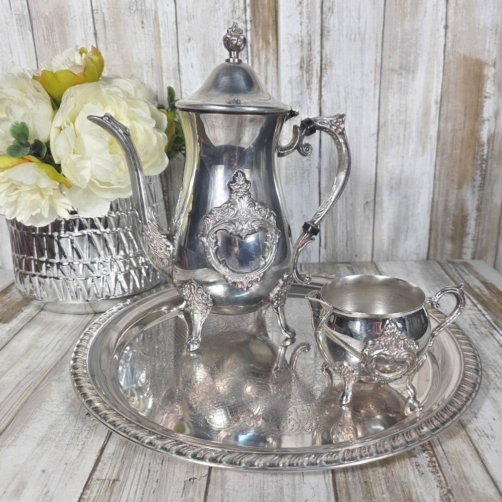 Leonard Silver Plated Tea Set 3pc Ornate Teapot Creamer and Etched Serving Tray - Picture 4 of 16